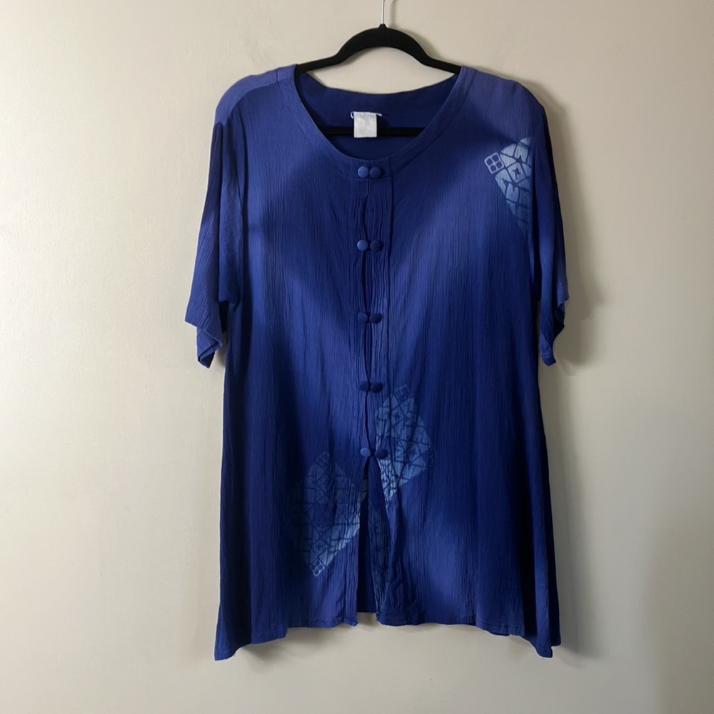 Vintage Cobalt Blue Crinkle Frog Closure Artisan Blouse M L